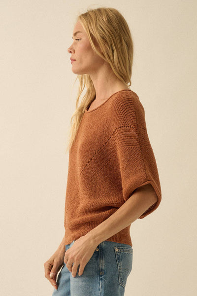 Short-Sleeve Pointelle Ribbed Knit Sweater