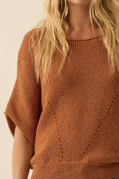 Short-Sleeve Pointelle Ribbed Knit Sweater