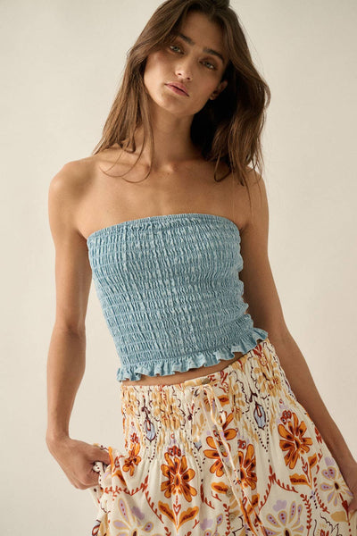 Tencel Denim Smocked Strapless Cropped Tube Top