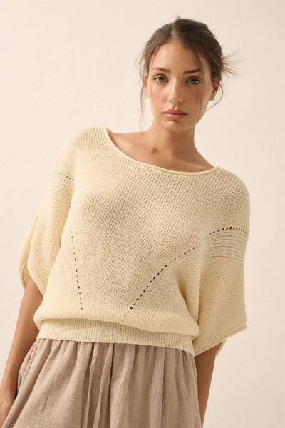 Short-Sleeve Pointelle Ribbed Knit Sweater