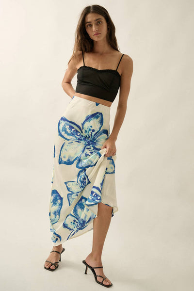 Floral-Print Satin Bias-Cut Elastic-Waist Maxi Skirt