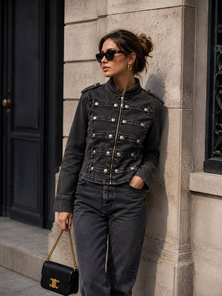 Women's denim officer-style jacket – fitted cut, stand-up collar & metal frog closures