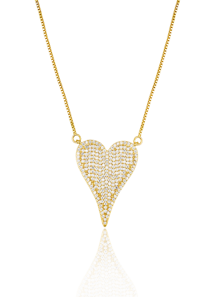 18K Gold Filled Heart Pendant Box Chain Necklace With Clear Micro CZ Stones (G168)