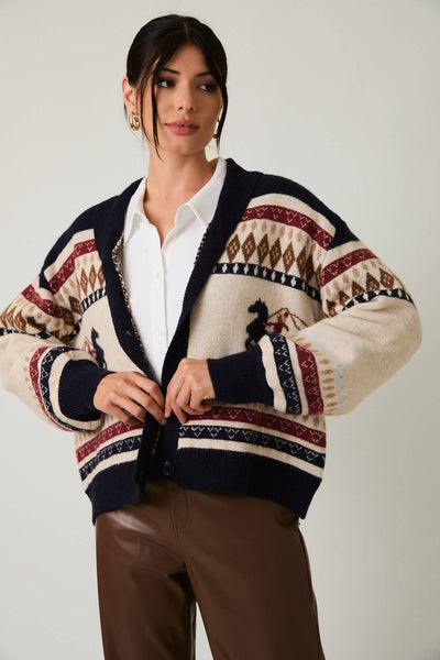 HORSE GRAPHIC BUTTON UP OVERSIZE SWEATER CARDIGAN