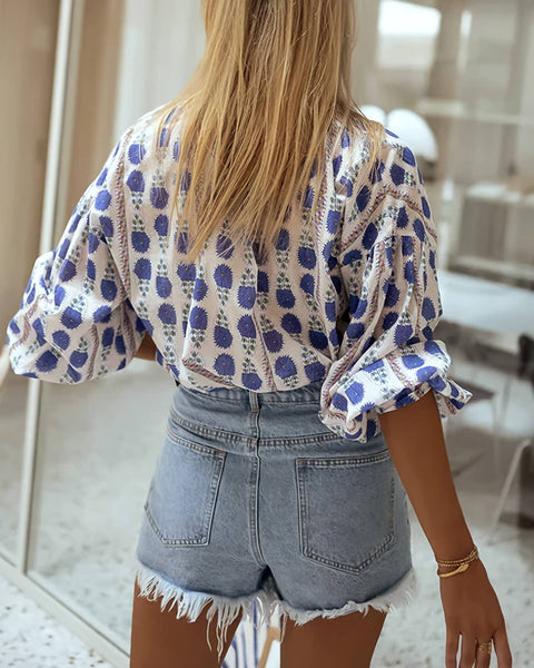 Boho Leisure Lotus Floral Button-Up Shirt