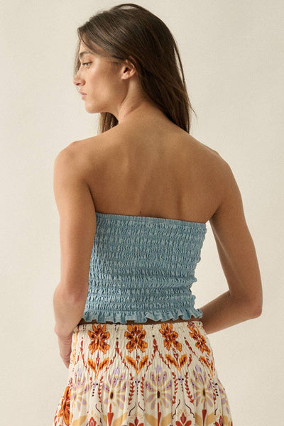 Tencel Denim Smocked Strapless Cropped Tube Top