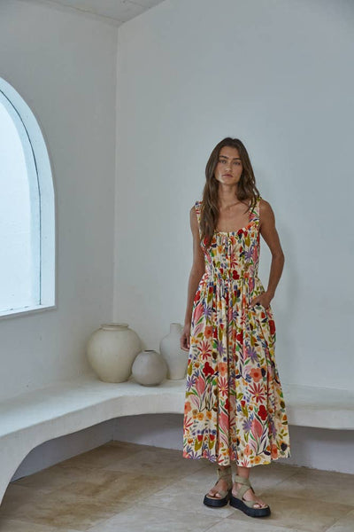 Woven Cotton Rayon Floral Print Sleeveless Dress