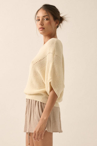 Short-Sleeve Pointelle Ribbed Knit Sweater