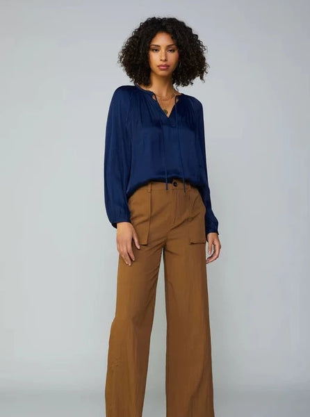 Gathered Split Neck Blouse Navy