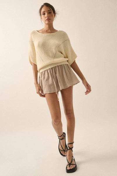 Short-Sleeve Pointelle Ribbed Knit Sweater