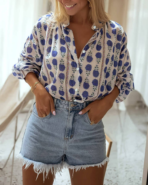 Boho Leisure Lotus Floral Button-Up Shirt