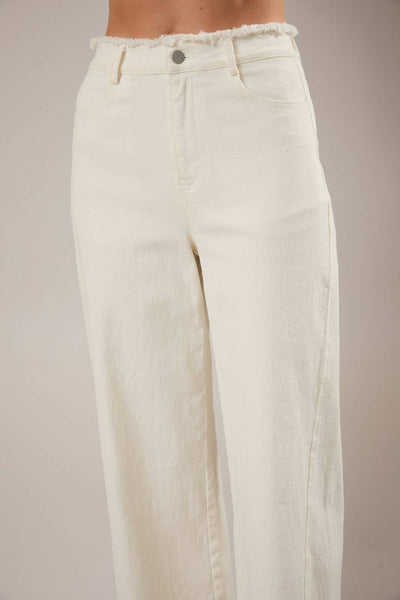 FRAYED WAIST& STRETCH IN WHITE TWILL PANTS