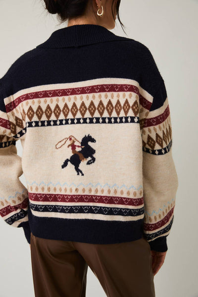HORSE GRAPHIC BUTTON UP OVERSIZE SWEATER CARDIGAN