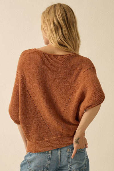 Short-Sleeve Pointelle Ribbed Knit Sweater