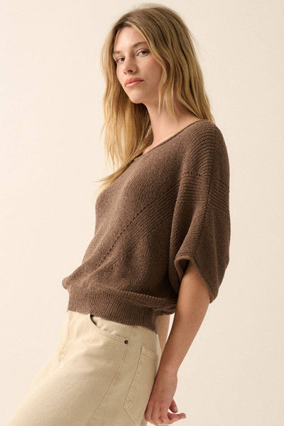 Short-Sleeve Pointelle Ribbed Knit Sweater
