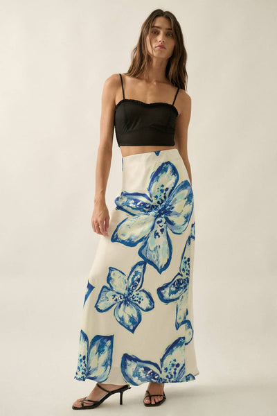 Floral-Print Satin Bias-Cut Elastic-Waist Maxi Skirt