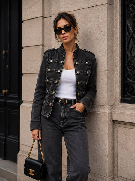 Women's denim officer-style jacket – fitted cut, stand-up collar & metal frog closures