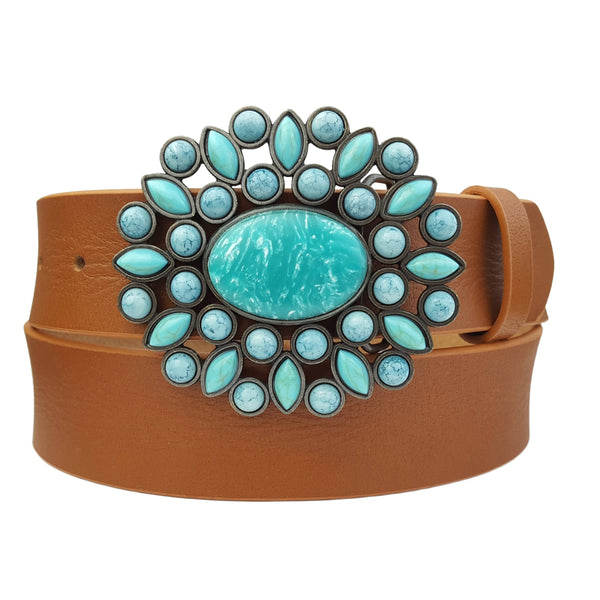 Genuine leather belt w. Western Turquoise Floral Buckle