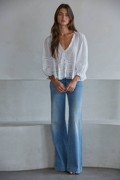 Woven Cotton V-Neck Quarter Sleeve Top
