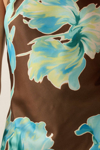Floral-Print Satin Open-Back Halter Mini Slip Dress