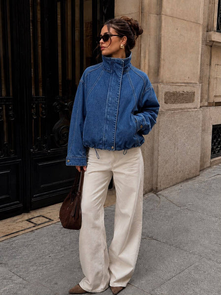 Short Oversized Denim Jacket with Stand Collar – Chic Urban Style