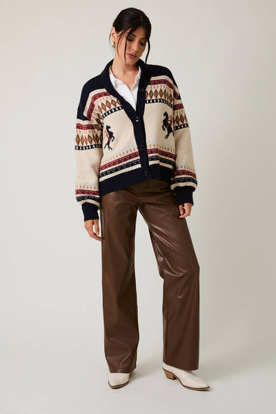 HORSE GRAPHIC BUTTON UP OVERSIZE SWEATER CARDIGAN