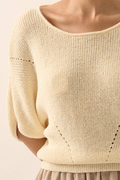 Short-Sleeve Pointelle Ribbed Knit Sweater