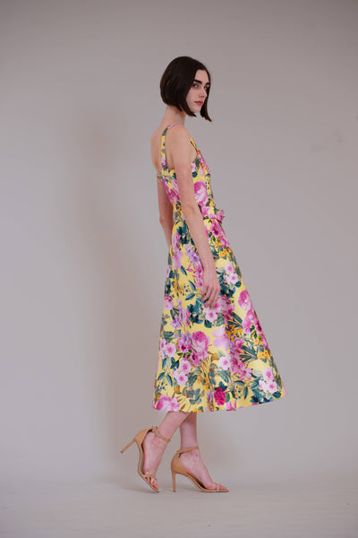 Sleeveless printed midi dress with belt