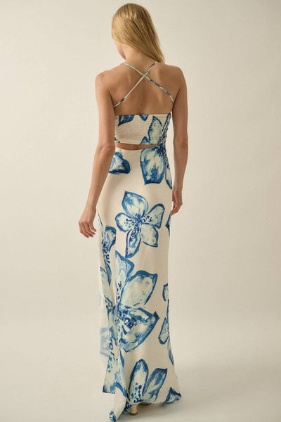 Tropical Floral-Print Satin Halter Cowl-Neck Maxi Dress