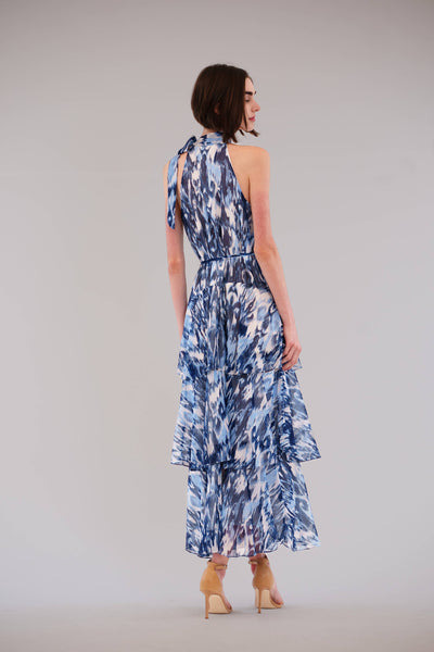LONG TRIPLE TIER DRESS WITH TIE NECK