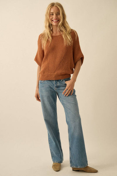 Short-Sleeve Pointelle Ribbed Knit Sweater