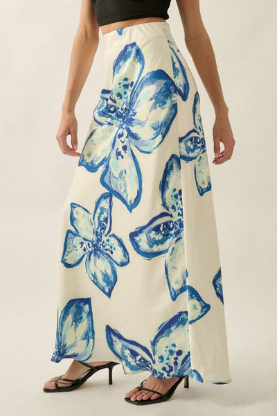 Floral-Print Satin Bias-Cut Elastic-Waist Maxi Skirt