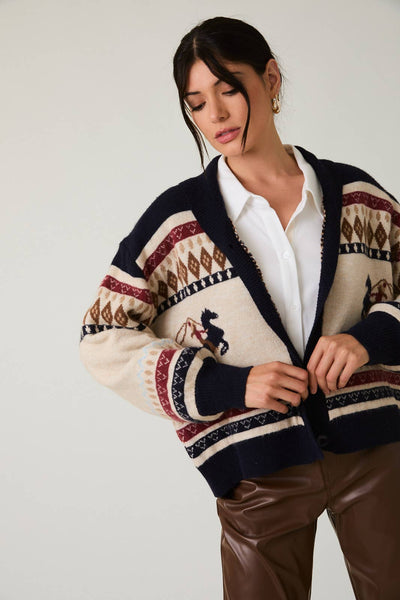 HORSE GRAPHIC BUTTON UP OVERSIZE SWEATER CARDIGAN