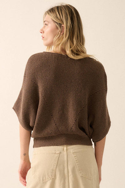 Short-Sleeve Pointelle Ribbed Knit Sweater