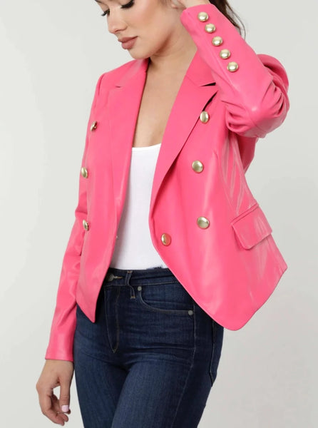 Double Breasted Vegan Leather Blazer Hot Pink