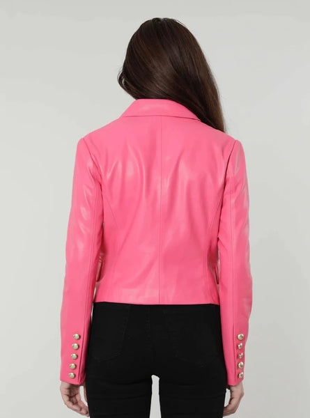 Double Breasted Vegan Leather Blazer Hot Pink
