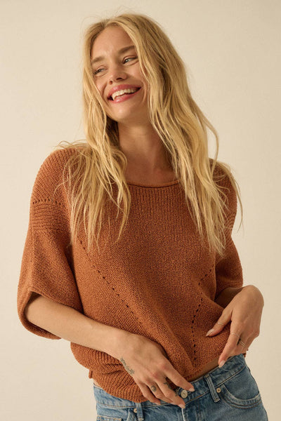 Short-Sleeve Pointelle Ribbed Knit Sweater