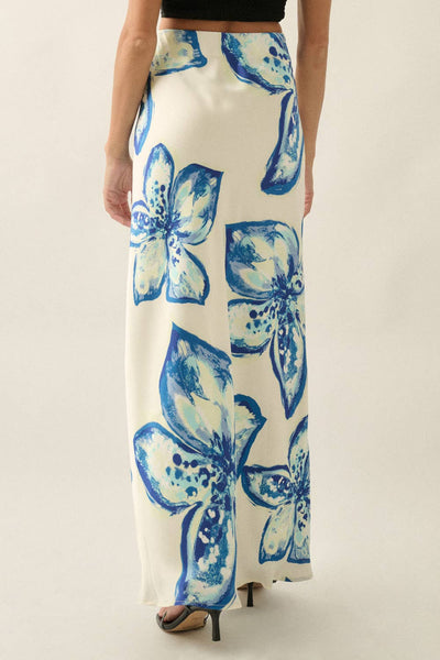 Floral-Print Satin Bias-Cut Elastic-Waist Maxi Skirt