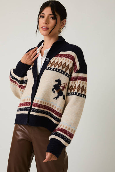 HORSE GRAPHIC BUTTON UP OVERSIZE SWEATER CARDIGAN