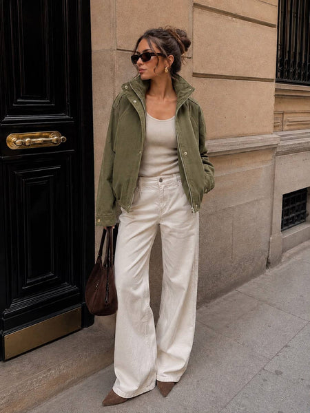 Short Oversized Denim Jacket with Stand Collar – Chic Urban Style