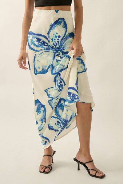 Floral-Print Satin Bias-Cut Elastic-Waist Maxi Skirt