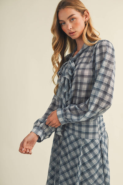 Tie-Neck Ruffle Front Plaid Blouse