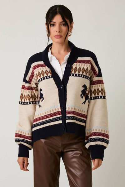 HORSE GRAPHIC BUTTON UP OVERSIZE SWEATER CARDIGAN