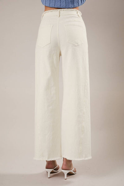 FRAYED WAIST& STRETCH IN WHITE TWILL PANTS