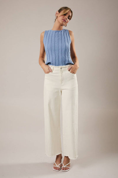FRAYED WAIST& STRETCH IN WHITE TWILL PANTS
