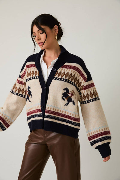 HORSE GRAPHIC BUTTON UP OVERSIZE SWEATER CARDIGAN