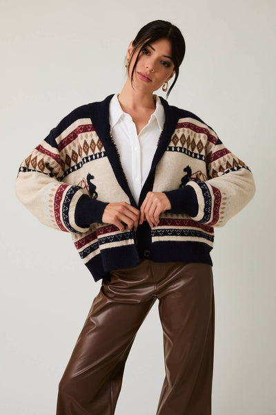 HORSE GRAPHIC BUTTON UP OVERSIZE SWEATER CARDIGAN