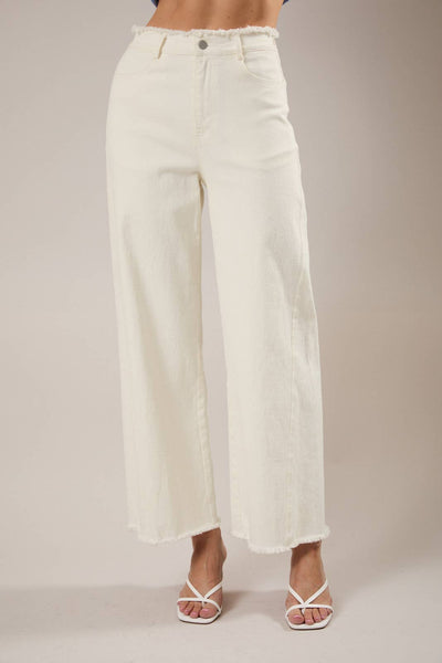 FRAYED WAIST& STRETCH IN WHITE TWILL PANTS
