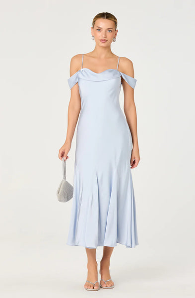 Araxie Satin Off Shoulder Midi Dress