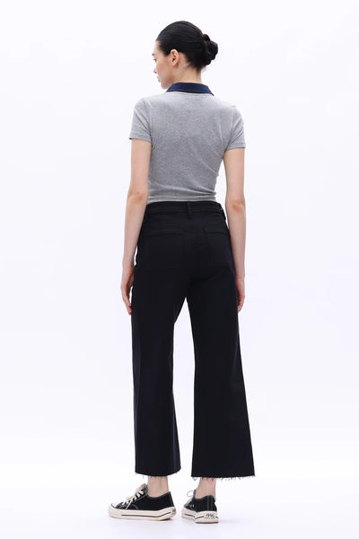 High Rise Wide Leg Black Denim Raw Hem